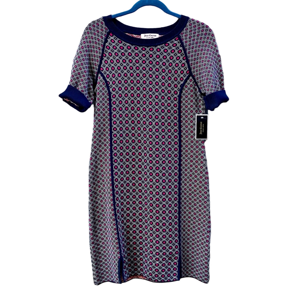RET $228! 100% Cotton Juicy Couture NWT Navy Blue & Magenta Knit Dress size L